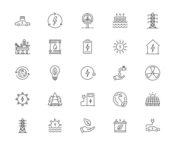 ilustrações de stock, clip art, desenhos animados e ícones de icons set of green energy. protection and preservation of the environment. simple outline icon. vector illustration."n - fuel and power generation electricity flat power supply