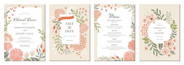 Universal Wedding Invitation Templates_01 Modern vintage pink templates. Wedding and birthday invitations. Floral frames and backgrounds design. invitation stock illustrations