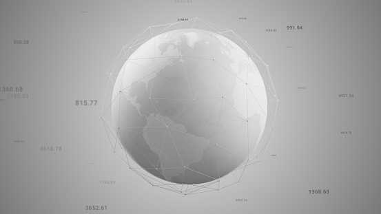 Clean white earth globe with wireframe global network connection data transfer, 3D rendering digital information visualization around world map design for worldwide communication business technology