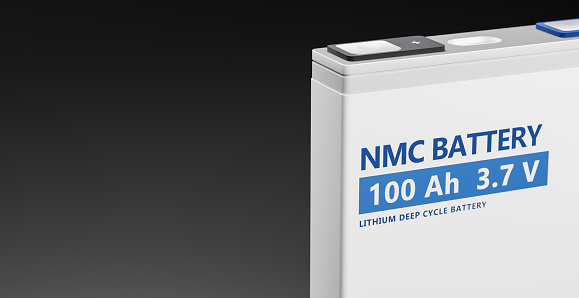 NMC (Nickle Manganese Cobalt) battery cell, prismatic pack Li-Ion batteries supply manufacturing for electric vehicle (EV) concept, industrial energy storage car technology 3D rendering illustration