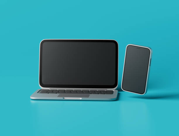 istock Simple light laptop and smartphone with blank screens 3d render illustration. 1404012168