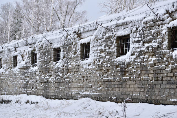 istock One-story building with bars on the windows in winter. 1404013775