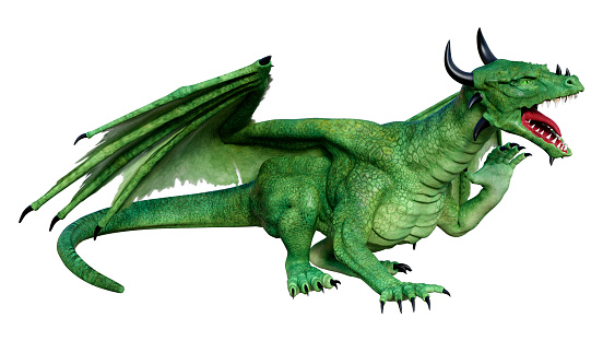 Three isolated dragons in green red and blue color with outstretched wings lying on the ground