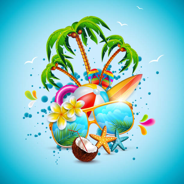 vector summer time holiday illustration on sky blue background. tropical plants, flower, beach ball, surf board, coconut and sunglasses with palm tree. design template for banner, flyer, invitation, brochure, poster or greeting card. - plaj partisi stock illustrations