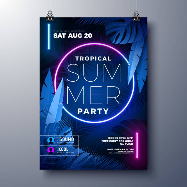 Summer Party Flyer Design Template with Glowing Neon Light on Fluorescent Tropic Leaves Background. Vector Summer Celebration Holiday Illustration for Banner, Flyer, Invitation or Celebration Poster. vector art illustration