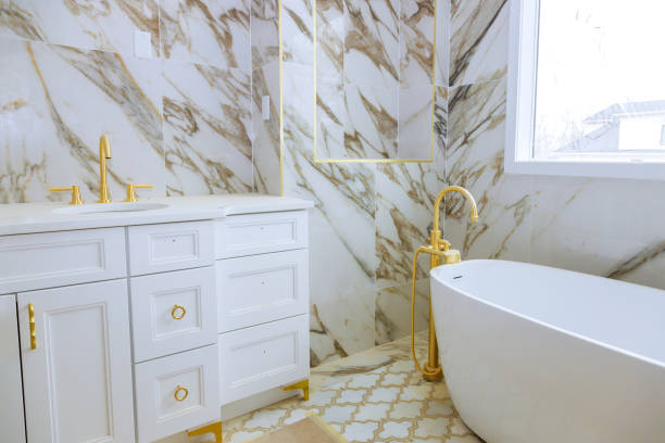 istock Bathroom interior bathtub sinks, shower, ceramic floor 1404017487