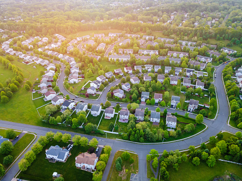 Aerial panorama view of a small town city home roofs at suburban residential quarters an New Jersey US