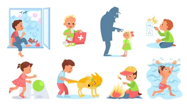 Vector illustration of Kids in dangerous situation. Children play with sharp, hot and poisoned objects. Danger to life and health. Risk baby. Drowning boys. Girls careless cross road. Splendid vector set