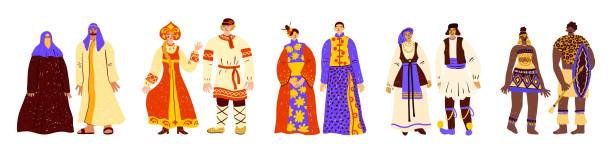 People in folk costumes. Couples in national clothes. Different countries persons. Men and women in traditional dress. Male and female outfits. World nationalities. Classy vector set People in folk costumes. Couples in national clothes. Different countries persons. Men and women pairs in traditional dress. Male and female ethnic outfits. World nationalities. Classy vector set cartoon of muslim costume stock illustrations