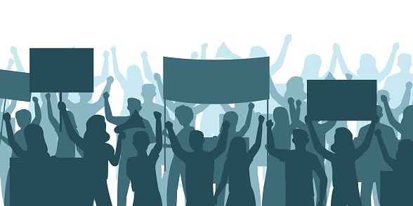 Social protest. Silhouette people demonstration. Human crown with banners and loudspeaker. Marching persons group. Political movement. Activists picket and strike. Public manifestation. Vector concept