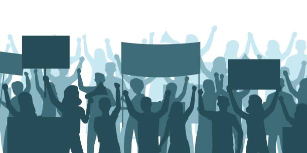 Social protest. Silhouette people demonstration. Human crown with banners and loudspeaker. Marching persons. Political movement. Activists picket. Public manifestation. Vector concept vector art illustration