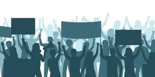 Vector illustration of Social protest. Silhouette people demonstration. Human crown with banners and loudspeaker. Marching persons. Political movement. Activists picket. Public manifestation. Vector concept