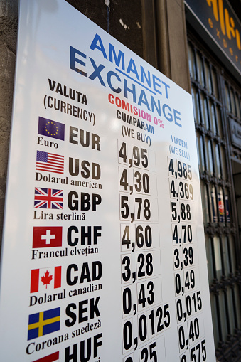 Bucharest, Romania - February 11, 2022: Currency exchange rate displayed at an exchange office.