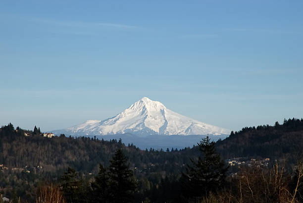 Beautiful snowy capped Mount Hood in Oregon stock photo