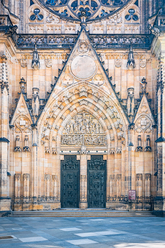 Fragment of the facade of St. Vitus Cathedral in the Prague Castle complex. Czech Republic, Prague, Stare Mesto, end of july 2021.