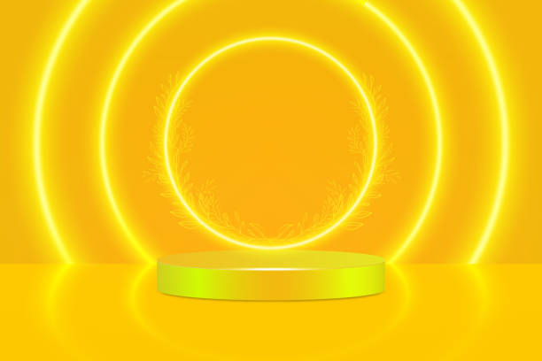 istock Vector illustration the stage podium is decorated with illumination. A stage on a pedestal with an image of a product, an advertisement, a show, an award ceremony on a yellow background 1404021058