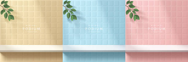 ilustrações de stock, clip art, desenhos animados e ícones de set of realistic 3d white shelf or podium on pink, yellow and blue square tile wall with green leaf. vector geometric forms. abstract minimal scene for products stage showcase, promotion display. - backdrop blue contemporary pattern