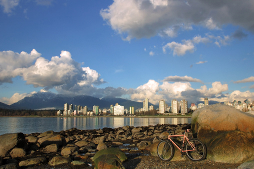 pink bicycle on beach, english bay, vancouver