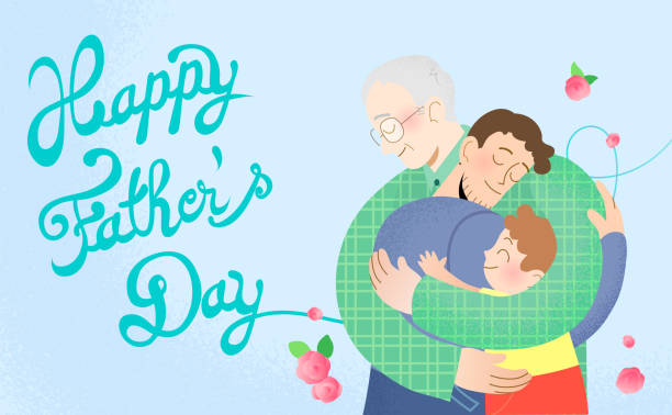 Father's day vector with two generations of fathers and sons embracing Father's day celebration flat vector illustration. Two generations of dads and sons. Senior man, man and young child embracing. Grandfather, father and son together. vector love care old stock illustrations