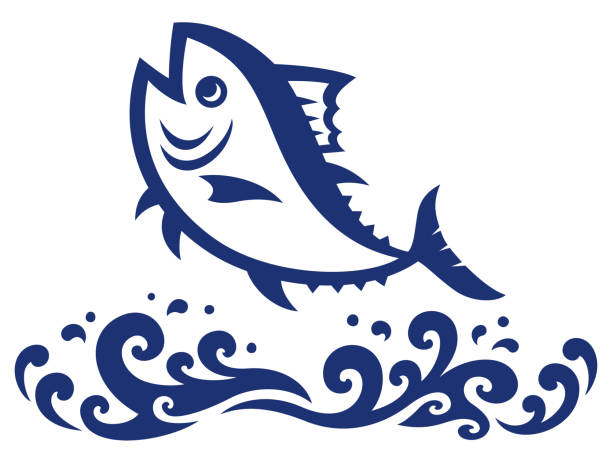 飛び跳ねるマグロと和風の波のイラスト - tuna fish silhouette saltwater fish点のイラスト素材／クリップアート素材／マンガ素材／アイコン素材