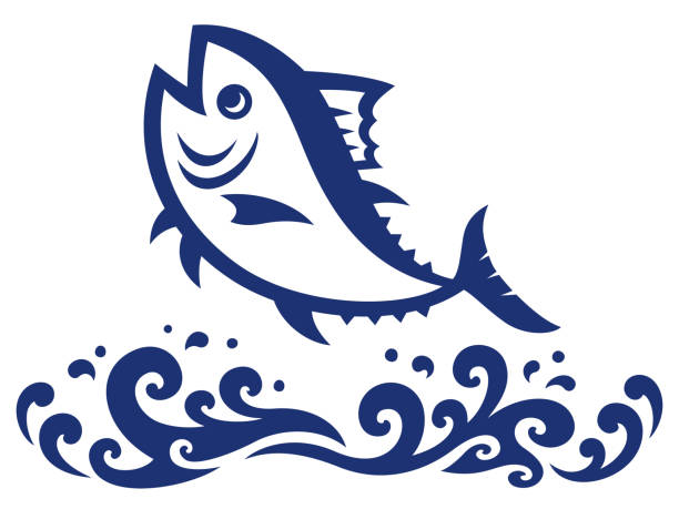 ilustrações de stock, clip art, desenhos animados e ícones de illustration of jumping tuna and japanese style waves - tuna silhouette fish saltwater fish