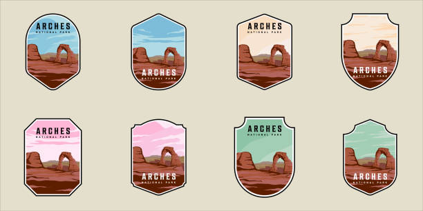 set von emblem arches nationalpark vektor illustration vorlage grafikdesign.bundle sammlung von verschiedenen himmel und wolken farbe vintage outdoor und abenteuer zeichen oder symbol für geschäftsreisen - arches national park illustrations stock-grafiken, -clipart, -cartoons und -symbole