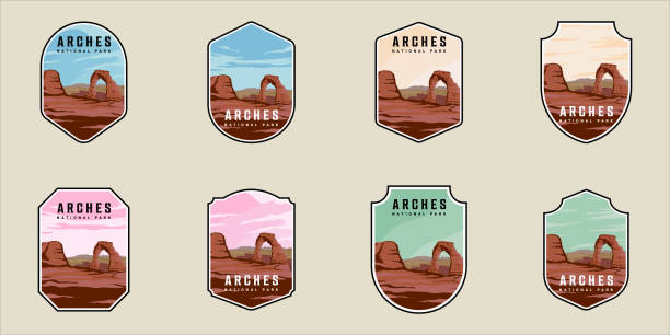 set of emblem arches national park vector illustration template graphic design.bundle collection of various sky and cloud color vintage outdoors and adventure sign or symbol for business travel set of emblem arches national park vector illustration template graphic design.bundle collection of various sky and cloud color vintage outdoors and adventure sign or symbol for business travel arches national park stock illustrations