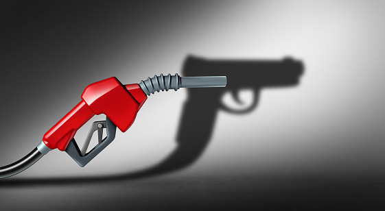 Oil as a weapon or energy weaponization and weaponized gas Gas as a the fueling station or economic challenge of rising fuel prices and gasoline increase as crude petroleum and fossil fuels with 3D illustration elements.
