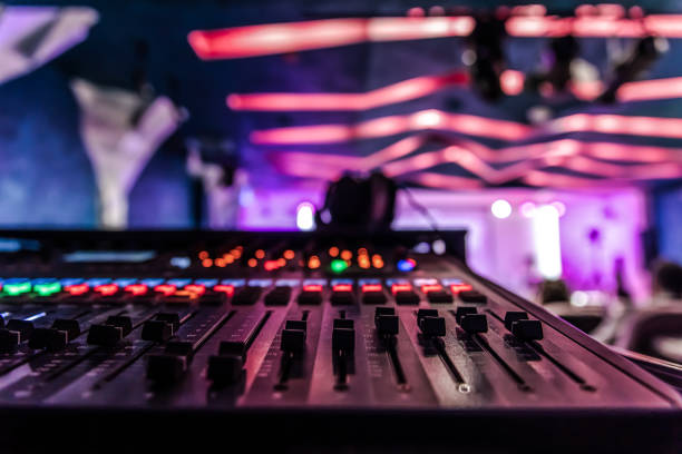 istock Close up, sound music mixer control panel on blurred background. 1404027287