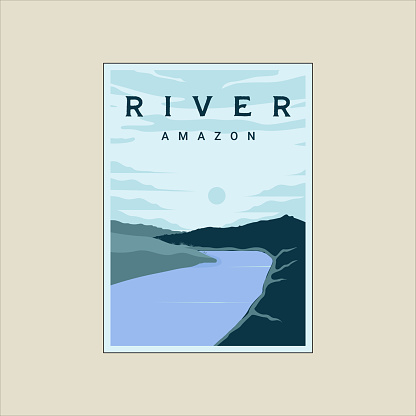 amazon river poster vintage minimalist vector illustration template graphic design. wildlife outdoors forest with blue sky banner for environment concept or business travel