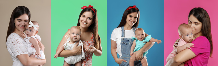 Collage with photos beautiful mother and her cute baby on different color backgrounds. Banner design