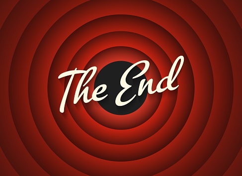 The end cinema screen. Old entertainment about background, hollywood film audience texture, cartoon circle template, movie round endings layout poster