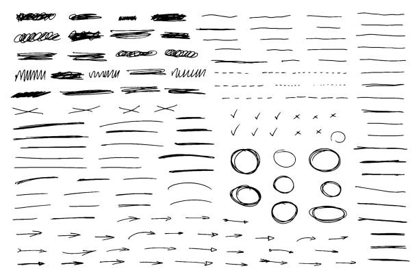 ilustraciones, imágenes clip art, dibujos animados e iconos de stock de colección de líneas dibujadas a mano con lápiz negro, marcas x, trazos de subrayado, garabatos y flechas. - croquis