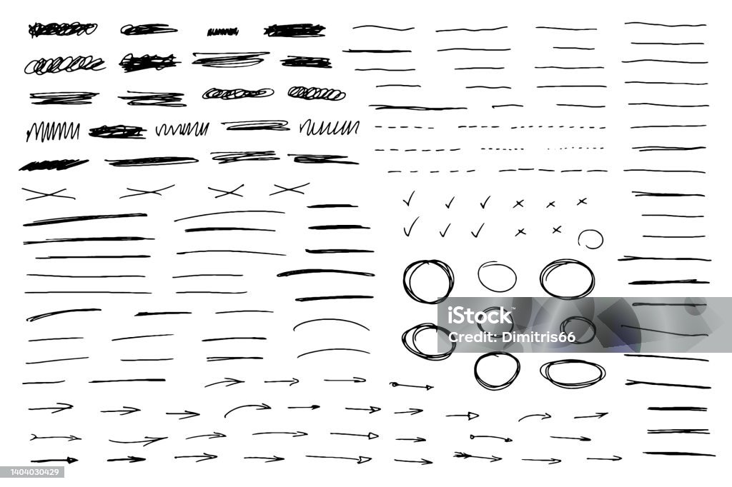 Coleção de linhas, x marcas, traços sublinhados, rabiscos e flechas. - Vetor de Desenho royalty-free Coleção de linhas, x marcas, traços sublinhados, rabiscos e flechas. - Vetor de Desenho royalty-free