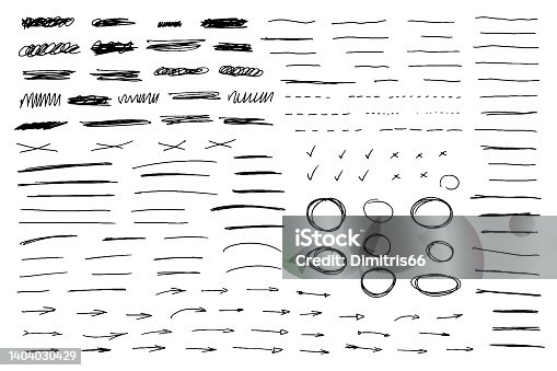 istock Black pen hand drawn collection of lines, x marks, underline strokes, doodles and arrows. 1404030429