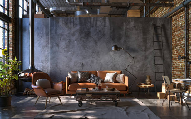 istock Industrial style of dark living room interior, 3d render 1404031424