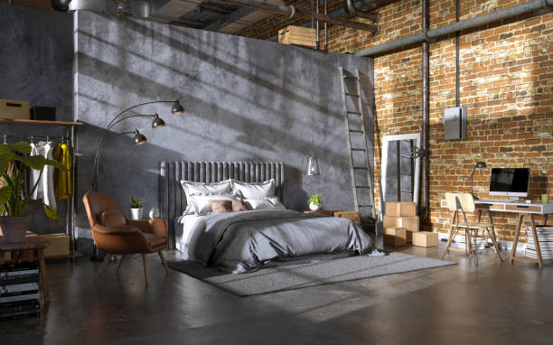 istock Industrial style of dark living room interior, 3d render 1404031432