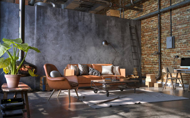 istock Industrial style of dark living room interior, 3d render 1404031444