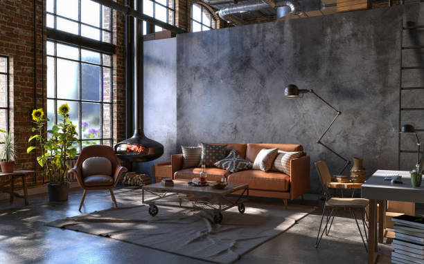 industrial style of dark living room interior, 3d render - industrial interior imagens e fotografias de stock