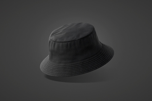 Blank black bucket hat mockup, no gravity, 3d rendering. Empty jungle or safari fabric headdress mock up, dark background. Clear denim or textile panama for summer travel template.