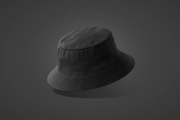 Blank black bucket hat mockup, no gravity Blank black bucket hat mockup, no gravity, 3d rendering. Empty jungle or safari fabric headdress mock up, dark background. Clear denim or textile panama for summer travel template. cap hat stock pictures, royalty-free photos & images