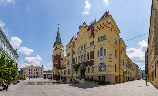 Celje, Slovenia - May 13, 2022: A picture of the Celje Hall and the Krekow Square.
