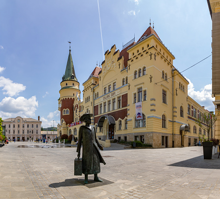 Celje, Slovenia - May 13, 2022: A picture of the Alma Karin Monument in front of the Celje Hall and the Krekow Square.