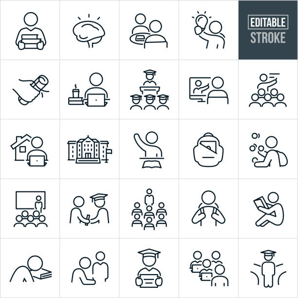 Higher Education Thin Line Icons - Editable Stroke A set of higher education icons that include editable strokes or outlines using the EPS vector file. The icons include a student holding a stack of text books, illustrated brain in thought, two students studying together, student holding up lightbulb, hand holding a diploma, student on laptop computer with textbooks at side, graduate giving commencement speech at a graduation, student taking online courses on computer, professor giving a lecture to students in class, student participating in e-learning from home, college university building, student with arm raised, backpack, student juggling demands of school responsibilities, professor giving lecture in lecture hall, graduate receiving diploma from school faculty, student with backpack on, student studying from textbook, student asleep on textbook, college student taking exam, graduate holding graduation certificate, students in computer class and a graduate at a fork in the road. continuing education stock illustrations