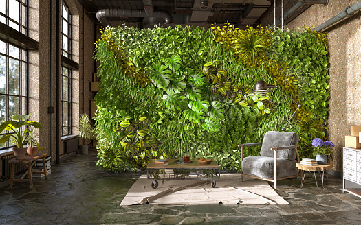 Industrial style of living room design with green wall