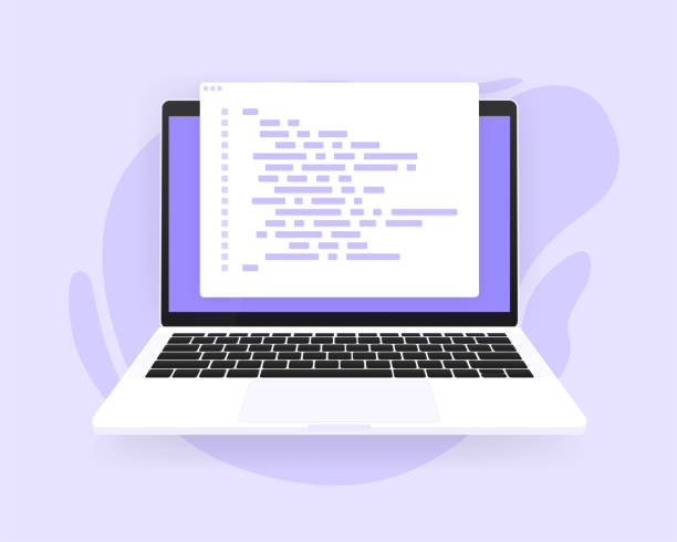 Software development and programming, program code on laptop screen. Vector illustration. Software development and programming, program code on laptop screen. Vector illustration log-frame stock illustrations