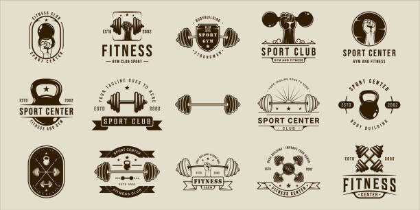 bildbanksillustrationer, clip art samt tecknat material och ikoner med set of gym or fitness icon sport line vintage vector illustration template icon graphic design. bundle collection of various body building sign or symbol for training center concept typography - kulstång