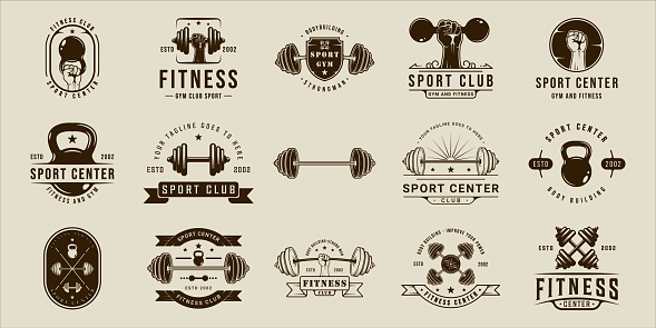 set of gym or fitness icon sport line vintage vector illustration template icon graphic design. bundle collection of various body building sign or symbol for training center concept typography