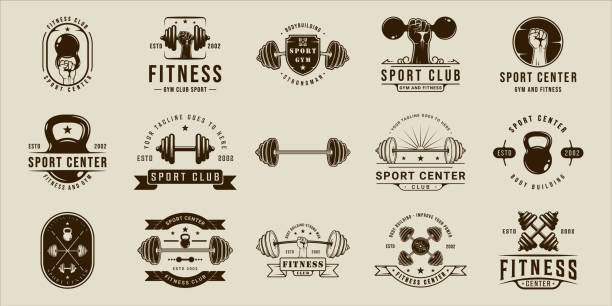 set of gym or fitness icon sport line vintage vector illustration template icon graphic design. bundle collection of various body building sign or symbol for training center concept typography set of gym or fitness icon sport line vintage vector illustration template icon graphic design. bundle collection of various body building sign or symbol for training center concept typography barbell stock illustrations