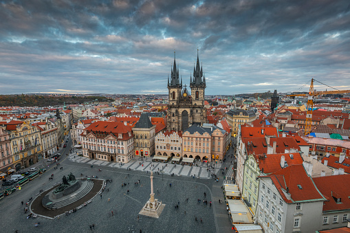 Historic town square in Prague. Church of Mother of God before Týn or Church of Our Lady before Týn is a dominant arcitectual feature of the historic town square. Czech republic in Europe